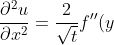 \frac{\partial^2 u}{\partial x^2}=\frac{2}{\sqrt{t}}f''(y)\cdot \left( \frac{2}{\sqrt{t}}\right)=\frac{4}{t}f''(y)